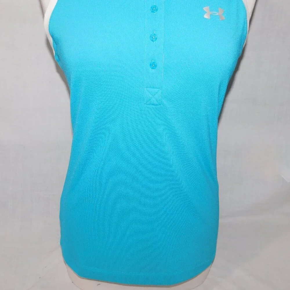 Under Armour heatgear Womens M Blue White Fitted Sleeveless Golf Polo Shirt - Picture 3 of 8